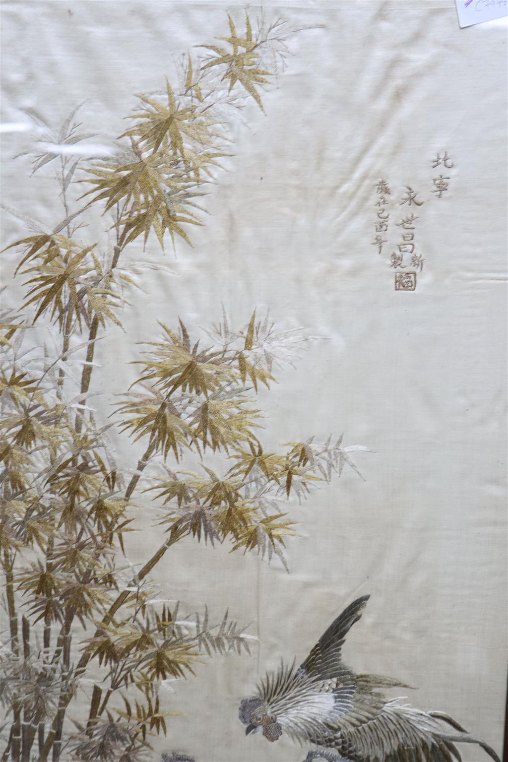 A Japanese embroidered silk cockerel picture